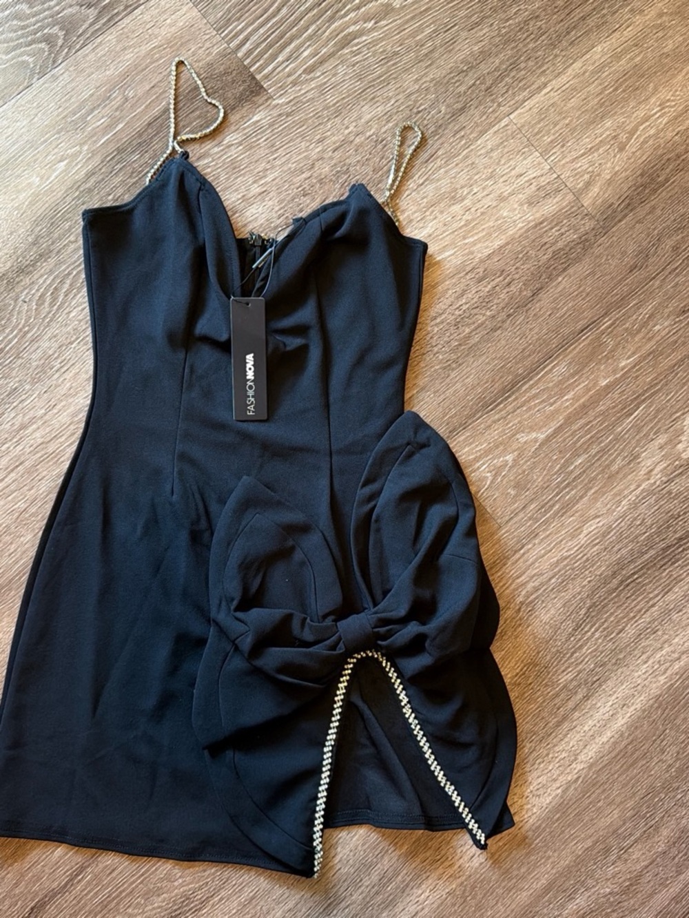 Fashion Nova Black Mini Dress with Chain Straps and Side Bow